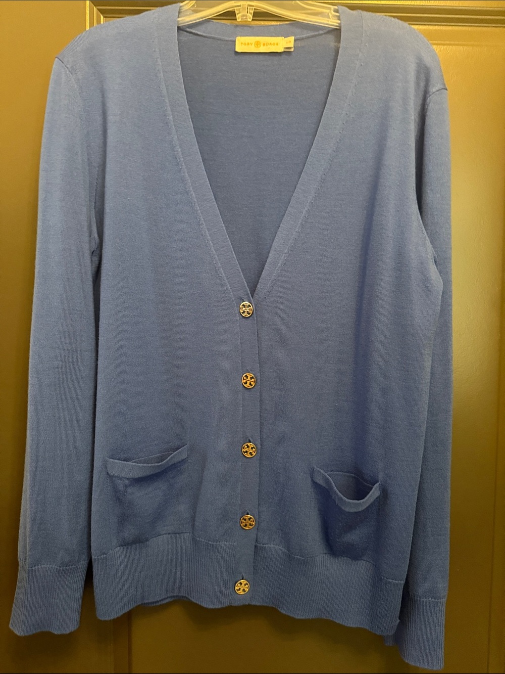 Tory Burch Periwinkle V-Neck Button Cardigan Wool Gold Buttons
